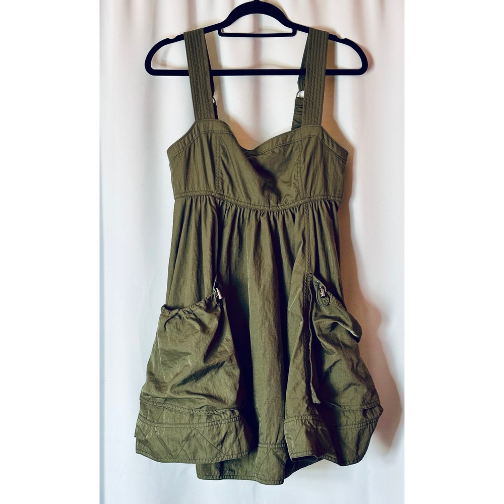 Pilcro Anthropologie Army Green Utility Mini Dress Cargo Pockets Smocked Back M
